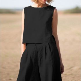 Women's Solid Color Retro Cotton And Linen Long Sleeve Loose Cotton Suit (Option: Black-L)