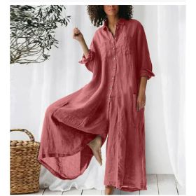 Women's Solid Color Casual Long-sleeved Mid-length Jumpsuit (Option: Pink-L)