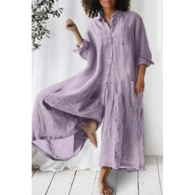Women's Solid Color Casual Long-sleeved Mid-length Jumpsuit (Option: Purple-M)