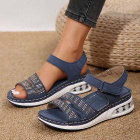 Summer Rhinestone Wedges Sandals Casual Sports Air Cushion Bottom Beach Shoes For Women Roman Sandals (Option: Blue-Size36)