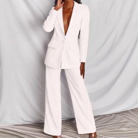 2pcs Casual Suit Lapel Button-down Blazer Jacket And Straight-leg Pants Office Commuting Business Trousers Set Clothing (Option: White-S)