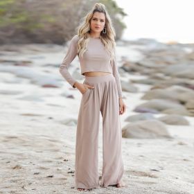 New Short-sleeved T-shirt And Trousers Two-piece Set Suit (Option: Khaki with long sleeves-XL)