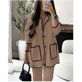 Women's Suit Fashion Casual Loose Solid Color Two-piece Set (Option: Camel-2XL)