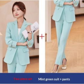 2pcs Casual Suit Lapel Button-down Blazer Jacket And Straight-leg Pants Office Commuting Business Trousers Set Clothing (Option: Light Green 2PCS-XXL)