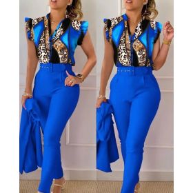 Printed Ruffle Sleeve Top Solid Color Pants Suit With Belt (Option: Blue leopard print-XXL)