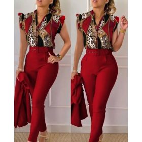 Printed Ruffle Sleeve Top Solid Color Pants Suit With Belt (Option: Wine Red-XXL)