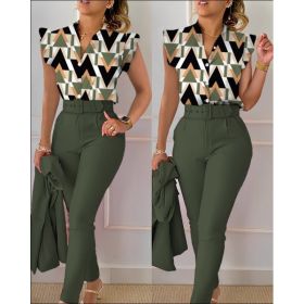 Printed Ruffle Sleeve Top Solid Color Pants Suit With Belt (Option: Printed in army green pattern-L)