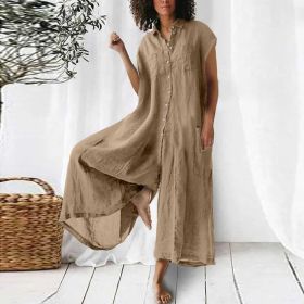 Women's Solid Color Casual Long-sleeved Mid-length Jumpsuit (Option: KHAKI-S)