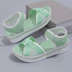 Summer Mesh Cross-strap Sandals With Velcro-design Thick Sole Flats Beach Shoes Women (Option: Light Green-Size35)