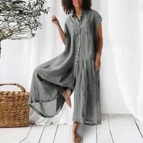 Women's Solid Color Casual Long-sleeved Mid-length Jumpsuit (Option: Grey-M)