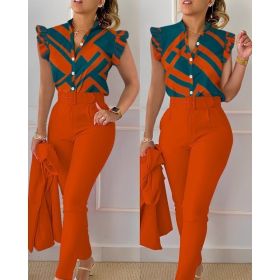 Printed Ruffle Sleeve Top Solid Color Pants Suit With Belt (Option: Brick red-L)