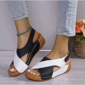 Colorblock-crossed  Wedges Sandals Summer Fashion Fish Mouth Platform Roman Shoes For Women (Option: White black-40)