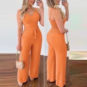 Women's Camisole Straight-leg Pants Casual Suit (Option: Orange-XL)