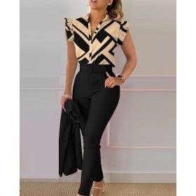Printed Ruffle Sleeve Top Solid Color Pants Suit With Belt (Option: Apricot color-XXL)
