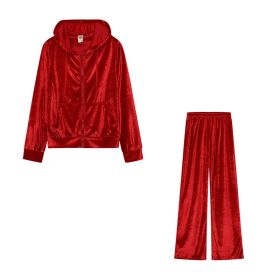 Fashion Rhinestone Velvet Sports And Leisure Suit Two-piece Set (Option: Red-S)
