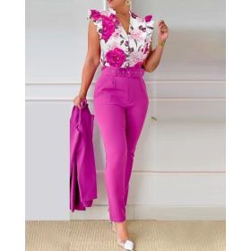 Printed Ruffle Sleeve Top Solid Color Pants Suit With Belt (Option: Deep Pink-XL)