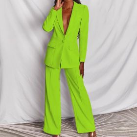 2pcs Casual Suit Lapel Button-down Blazer Jacket And Straight-leg Pants Office Commuting Business Trousers Set Clothing (Option: Green-L)