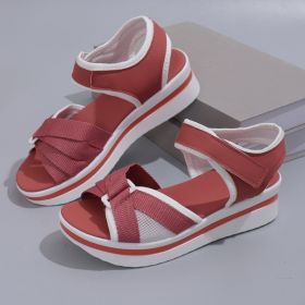 Summer Mesh Cross-strap Sandals With Velcro-design Thick Sole Flats Beach Shoes Women (Option: Bean-Size35)