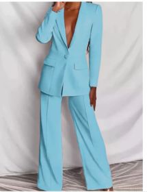 2pcs Casual Suit Lapel Button-down Blazer Jacket And Straight-leg Pants Office Commuting Business Trousers Set Clothing (Option: Light Blue-L)