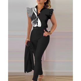 Printed Ruffle Sleeve Top Solid Color Pants Suit With Belt (Option: Black-L)