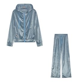 Fashion Rhinestone Velvet Sports And Leisure Suit Two-piece Set (Option: Light Blue-S)