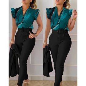 Printed Ruffle Sleeve Top Solid Color Pants Suit With Belt (Option: Peacock Green-L)