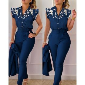 Printed Ruffle Sleeve Top Solid Color Pants Suit With Belt (Option: Dark Blue-L)
