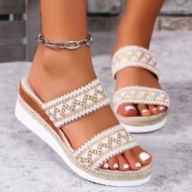 Fashion Wavy Pattern Woven Sandals Summer Casual Ethnic Style Slippers Linen Bottom Wide Strap Wedges Shoes For Women (Option: Beige-Size36)