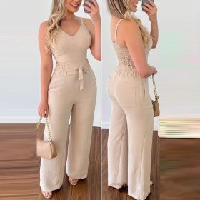 Women's Camisole Straight-leg Pants Casual Suit (Option: Apricot-S)