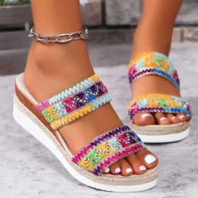 Fashion Wavy Pattern Woven Sandals Summer Casual Ethnic Style Slippers Linen Bottom Wide Strap Wedges Shoes For Women (Option: Colorful-Size40)