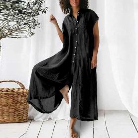 Women's Solid Color Casual Long-sleeved Mid-length Jumpsuit (Option: Black-2XL)