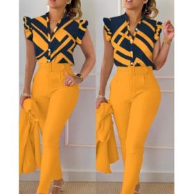 Printed Ruffle Sleeve Top Solid Color Pants Suit With Belt (Option: Orange-L)