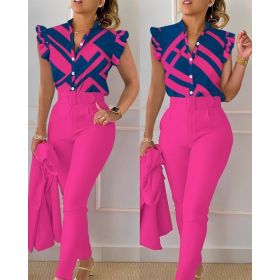 Printed Ruffle Sleeve Top Solid Color Pants Suit With Belt (Option: Rose Red-L)