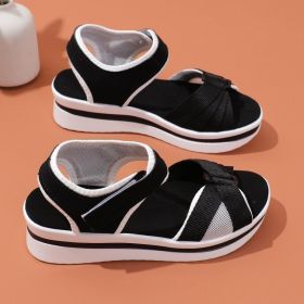 Summer Mesh Cross-strap Sandals With Velcro-design Thick Sole Flats Beach Shoes Women (Option: Black-Size35)