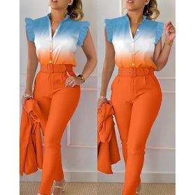 Printed Ruffle Sleeve Top Solid Color Pants Suit With Belt (Option: Orange color-L)