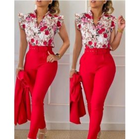 Printed Ruffle Sleeve Top Solid Color Pants Suit With Belt (Option: Red-S)