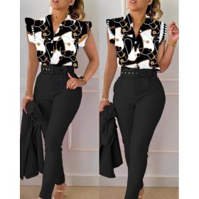 Printed Ruffle Sleeve Top Solid Color Pants Suit With Belt (Option: Chain print in black color-XXL)