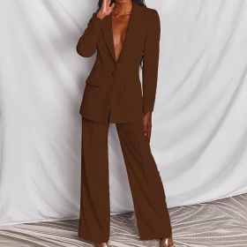 2pcs Casual Suit Lapel Button-down Blazer Jacket And Straight-leg Pants Office Commuting Business Trousers Set Clothing (Option: Brown-M)
