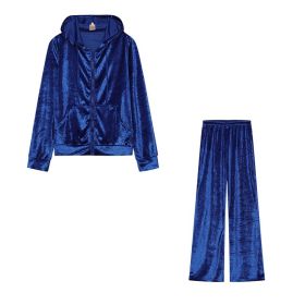 Fashion Rhinestone Velvet Sports And Leisure Suit Two-piece Set (Option: Blue-M)