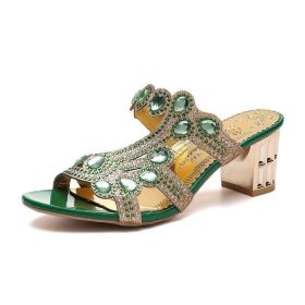 Women's Fashion Outerwear Chunky Heel High Heel Flip-flops Plus Size Sandals (Option: Green-37)