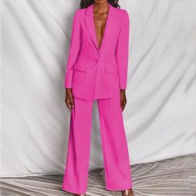 2pcs Casual Suit Lapel Button-down Blazer Jacket And Straight-leg Pants Office Commuting Business Trousers Set Clothing (Option: Rose Red-L)