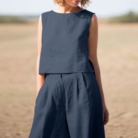 Women's Solid Color Retro Cotton And Linen Long Sleeve Loose Cotton Suit (Option: Dark Blue-5XL)