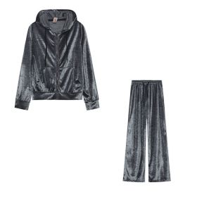 Fashion Rhinestone Velvet Sports And Leisure Suit Two-piece Set (Option: Gray-L)