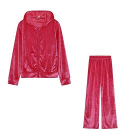 Fashion Rhinestone Velvet Sports And Leisure Suit Two-piece Set (Option: Rose Red-L)