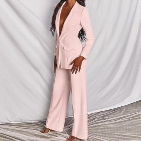2pcs Casual Suit Lapel Button-down Blazer Jacket And Straight-leg Pants Office Commuting Business Trousers Set Clothing (Option: Pink-L)